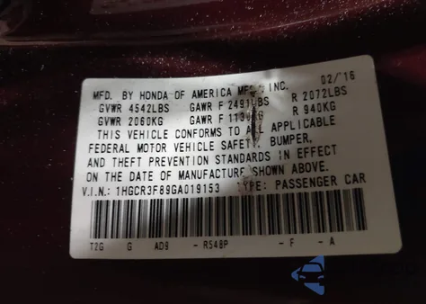 2016 Honda Accord Ex-L V-6 from USA, damaged, VIN 1HGCR3F89GA019153